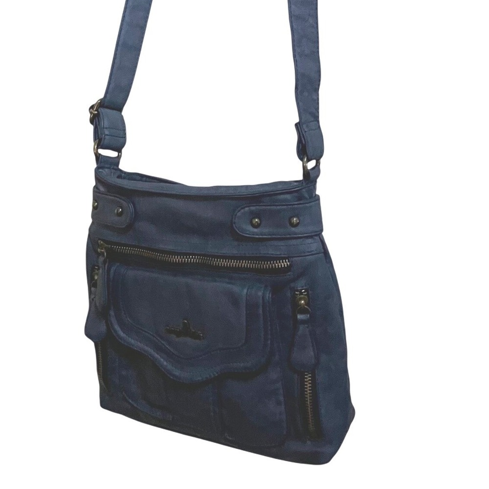 Angel Kiss Crossbody Bag Medium Blue Embossed Paisley Multi-Pocket Hobo Purse - Picture 4 of 10